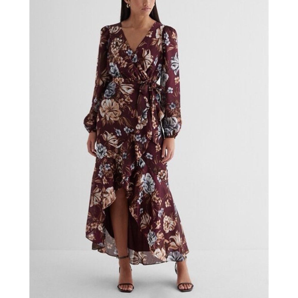 Express Floral Surplice Ruffle Hi-Lo Maxi Dress